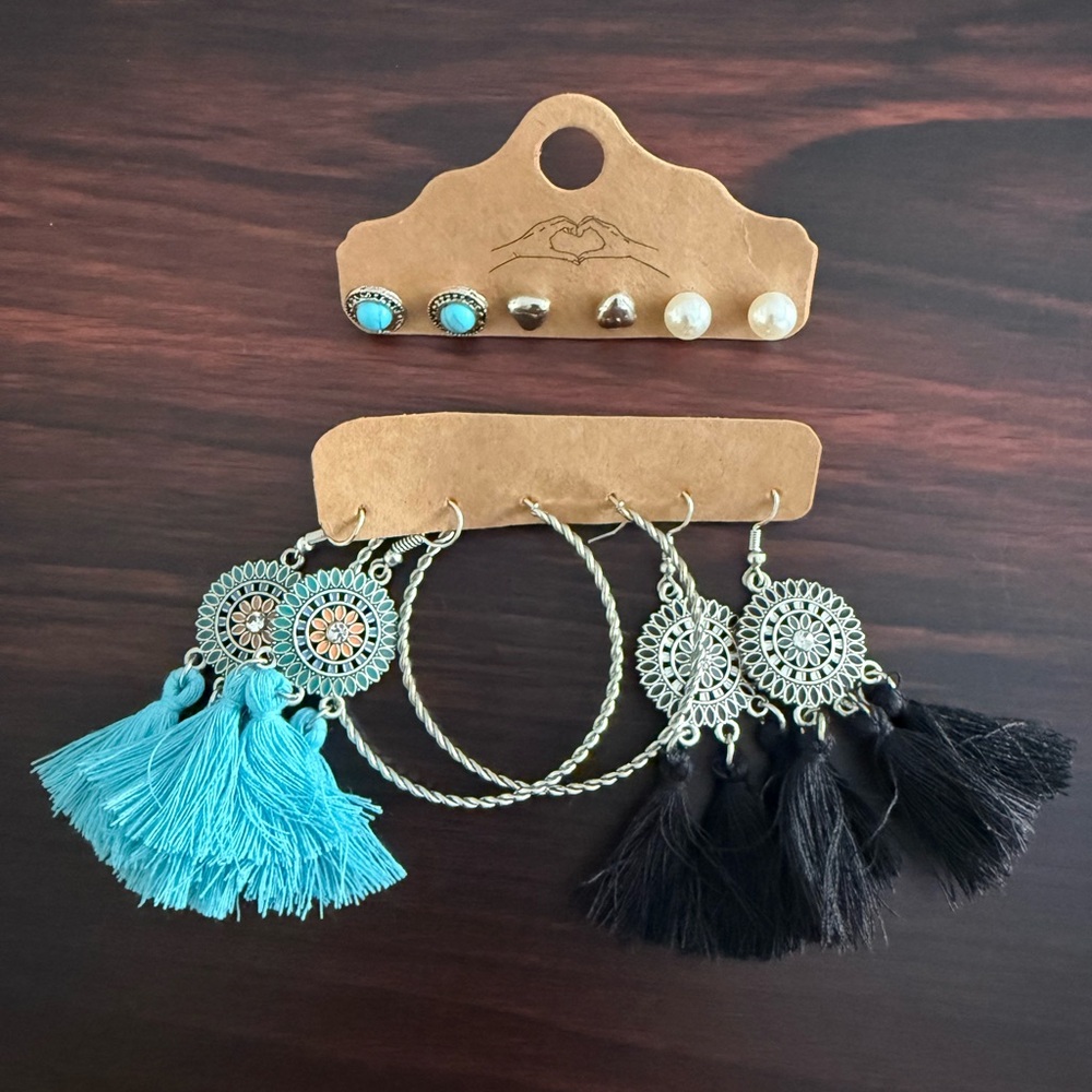 Six Pair Boho Southwest Costume Earring Bundle New Unworn Silver Tone